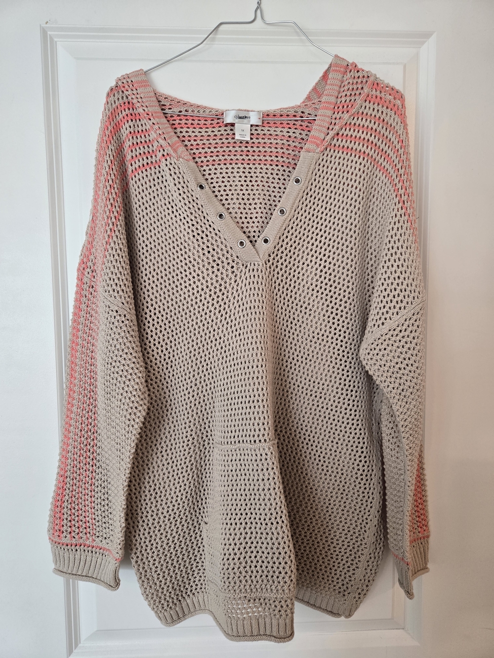 CJ Banks Beige Open-Knit V-Neck Sweater with Coral Stripe Accents
